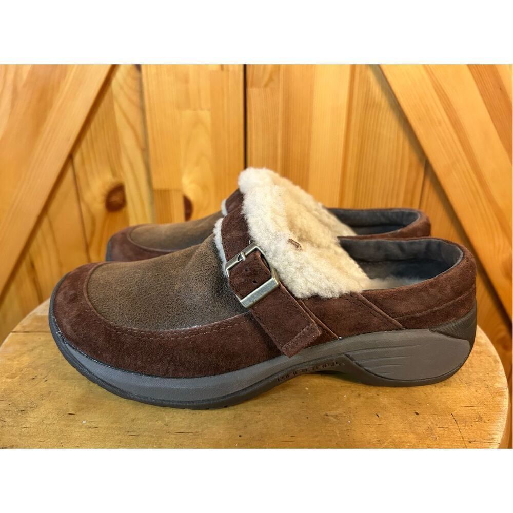 Merrell Women's Leather Encore Buckle Puff Slide Mules Faux Fur Cocoa size 5